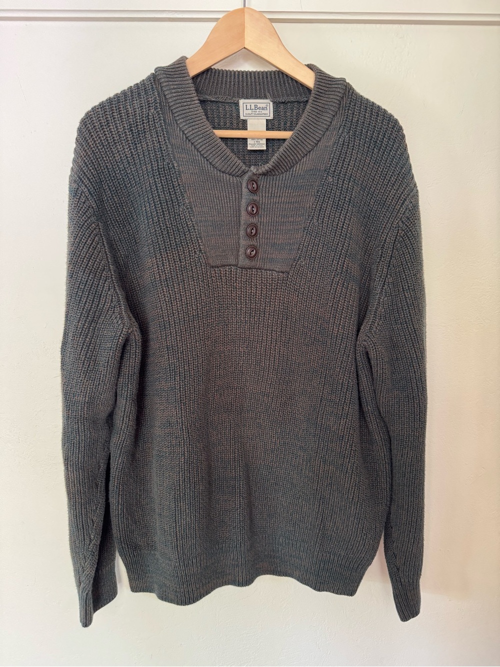 L.L. Bean Men’s Large 100% Cotton Marled Rib Knit Henley Sweater Green Brown